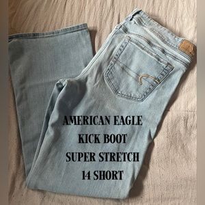 American Eagle jean in size 14, super stretch, light blue color, kick boot style